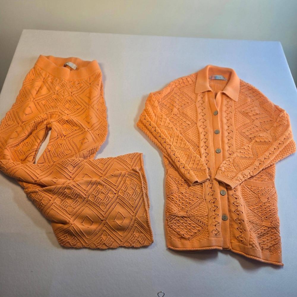 Free People Beach 2 Piece Set Womens XS Orange Excellent Pointelle Knit Cardigan